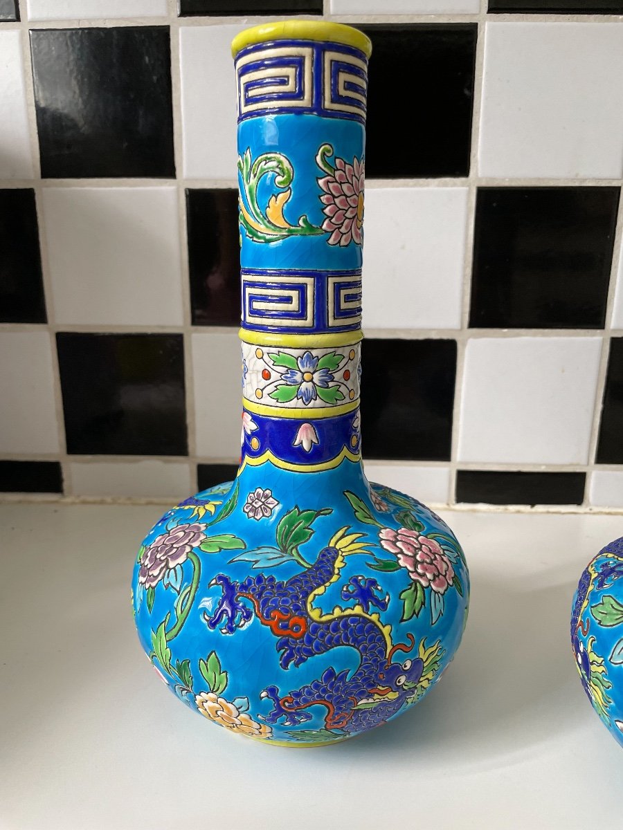 Emaux De Gien - Belle Paire De Vases Decor Dragon Chinoisant Japonisant -photo-3